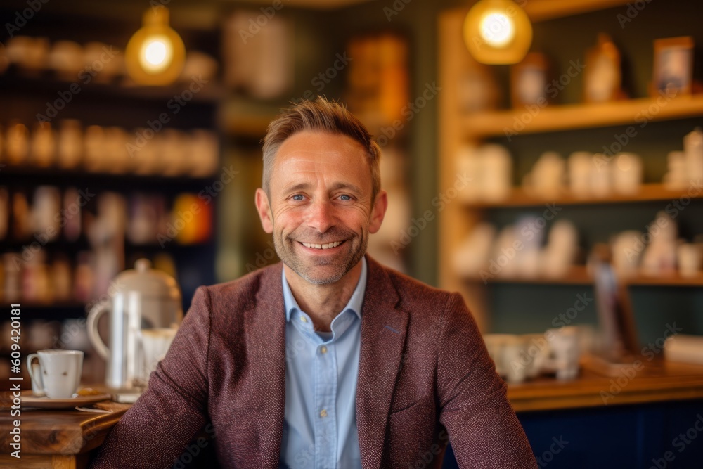 Portrait of handsome mature man sitting in cafe and smiling at camera