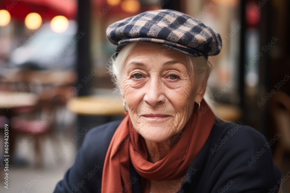 Portrait of a senior woman wearing a cap in a street cafe Portrait of a senior woman wearing a cap in a street cafe