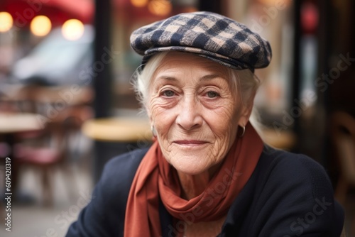 Portrait of a senior woman wearing a cap in a street cafe