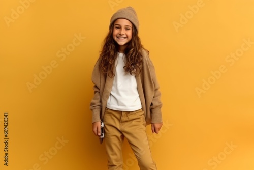 Little girl in beret and coat on yellow background smiling and looking at camera © Anne-Marie Albrecht