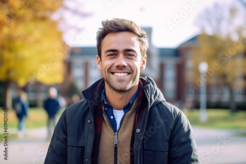Medium shot portrait photography of a pleased man in his 30s that is wearing a chic cardigan against a lively college campus during a sports event background . Generative AI