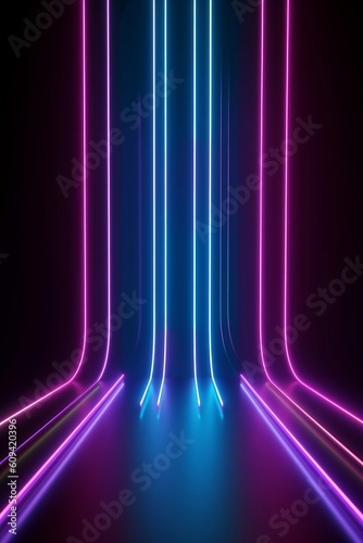 3d render, abstract vertical neon lines glowing in the dark. Laser rays virtual performance on the stage with floor reflection. Minimal geometric, Generative AI