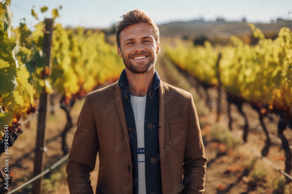 Portrait of handsome man smiling at camera while standing in vineyard