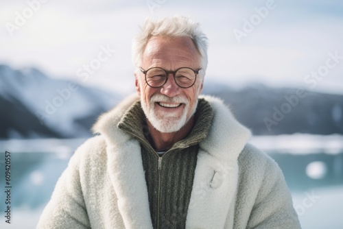Portrait of happy senior man in eyeglasses standing on frozen lake