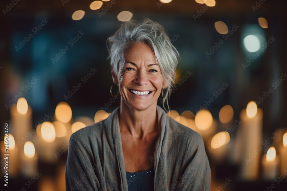 Medium shot portrait photography of a grinning woman in her 50s that is wearing a chic cardigan against a tranquil spa environment with candles and massage background . Generative AI