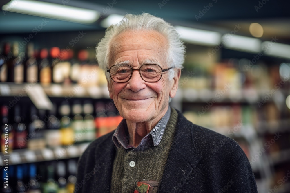 Portrait of a senior man smiling at the camera in a supermarket Portrait of a senior man smiling at the camera in a supermarket
