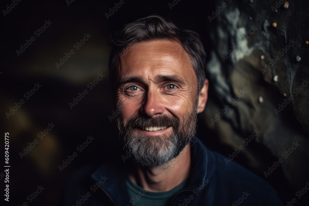 Portrait of a handsome man with a beard in a cave.