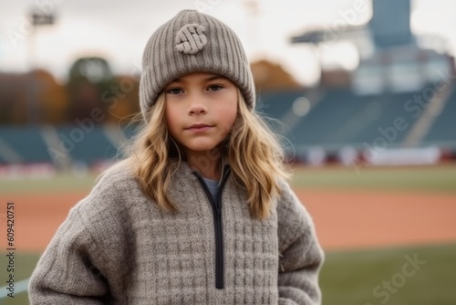 Portrait of a cute little girl in a warm winter coat and hat on a baseball field