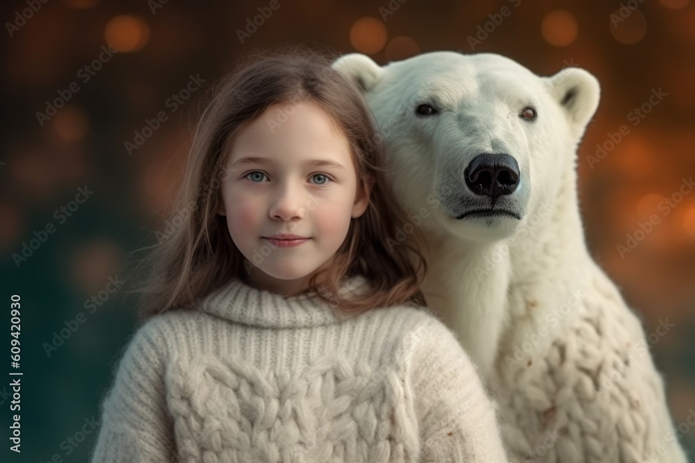 Portrait of a cute little girl with a polar bear on a dark background. Portrait of a cute little girl with a polar bear on a dark background.