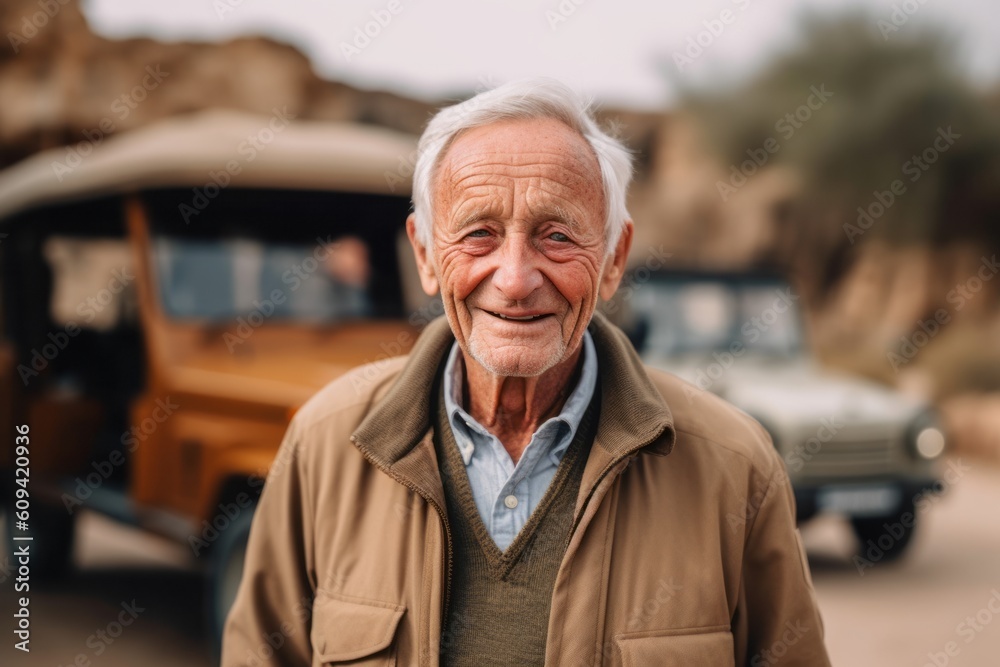 Φωτογραφία Medium shot portrait photography of a satisfied man in his 80s that is wearing a chic cardigan against a safari adventure with wildlife encounters background