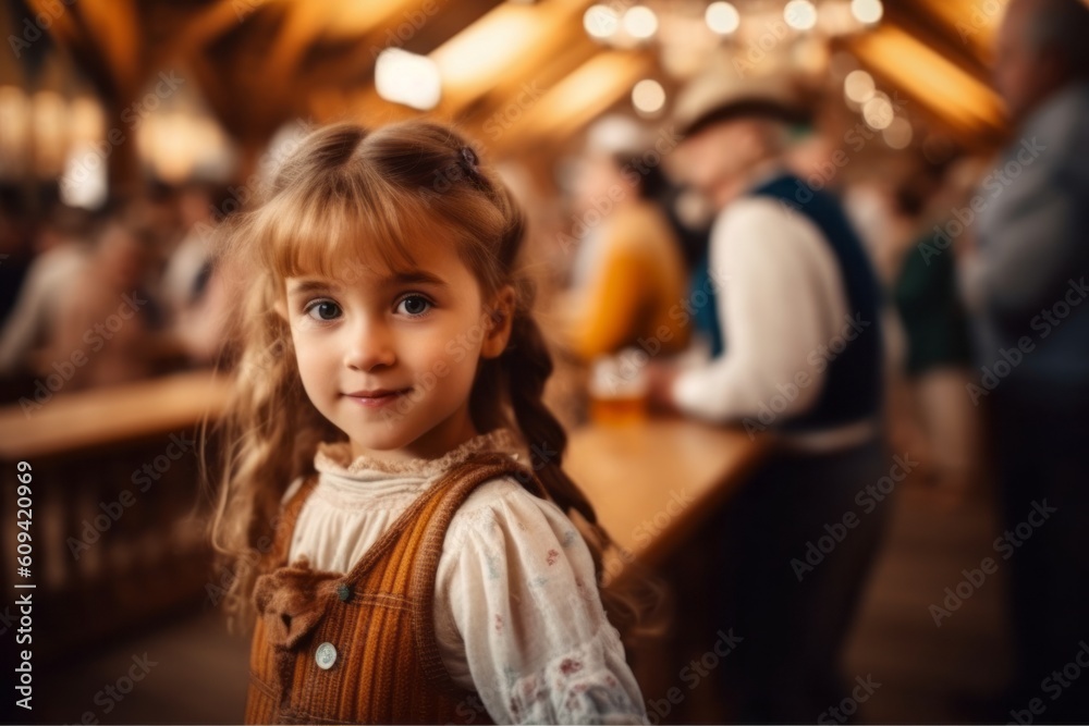 Portrait of a cute little girl with long blond hair in a cafe