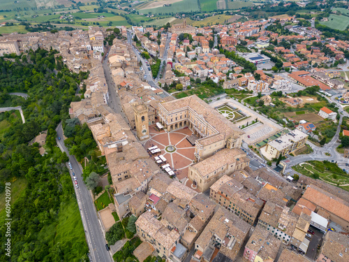 Italy, June 02, 2023: aerial view of the beautiful village of Recanati which gave birth to Giacomo Leapardi. The village is on the Marche hills in the province of Macerata