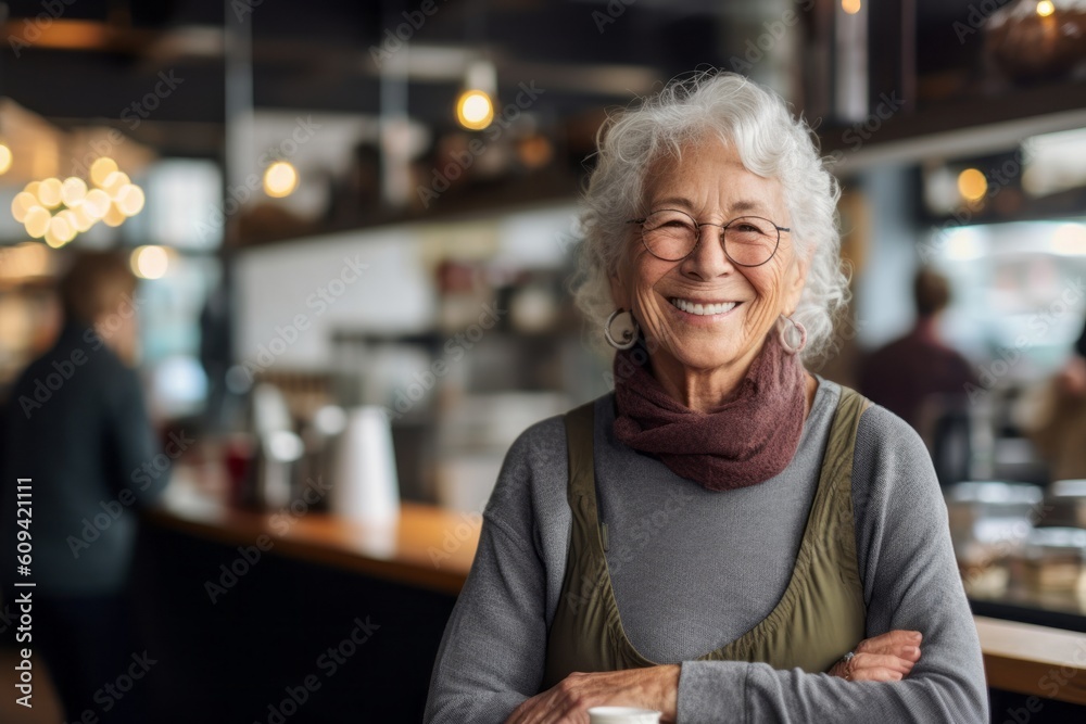 Portrait of smiling senior woman standing with arms crossed in coffee shop Portrait of smiling senior woman standing with arms crossed in coffee shop