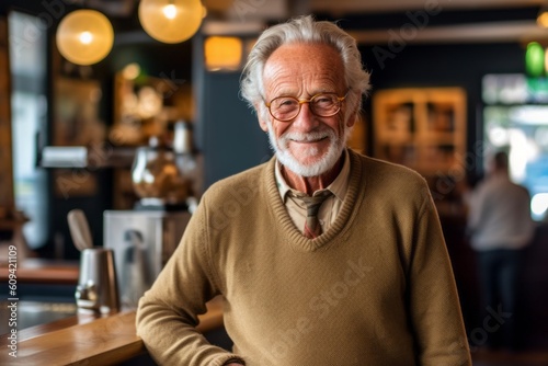Portrait of senior man smiling while standing at counter in coffee shop