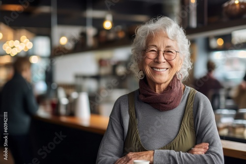 Portrait of smiling senior woman standing with arms crossed in coffee shop