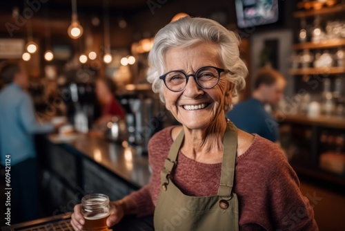 Portrait of smiling senior woman in eyeglasses holding glass of beer in pub