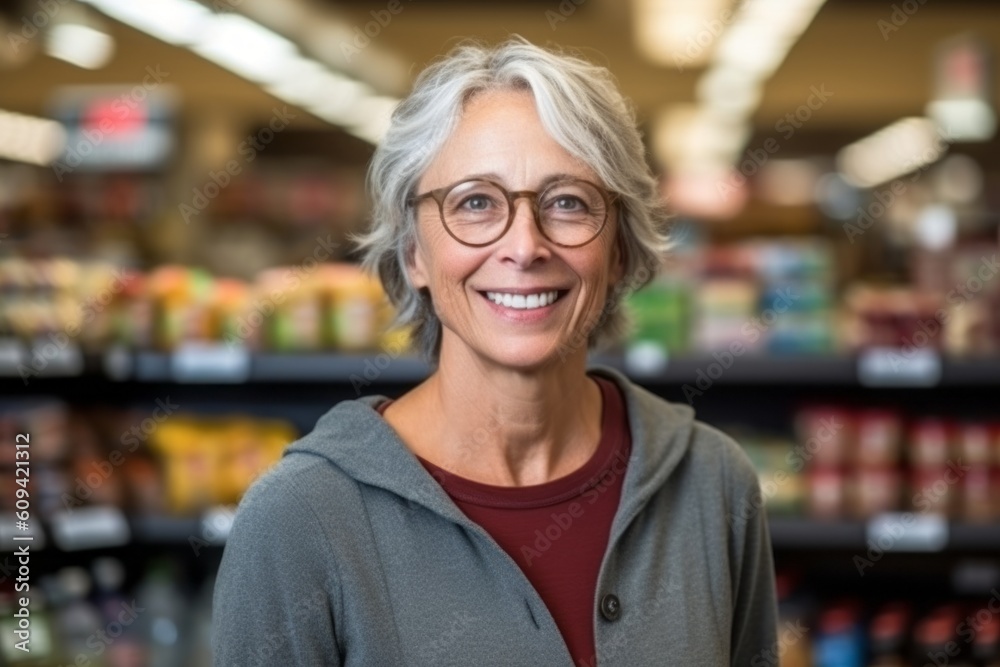Portrait of smiling senior woman standing in supermarket with arms crossed and looking at camera