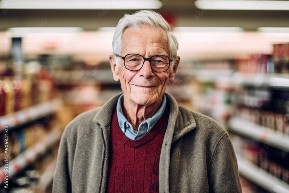 Medium shot portrait photography of a pleased man in his 70s that is wearing a chic cardigan against a supermarket checkout background . Generative AI Medium shot portrait photography of a pleased man in his 70s that is wearing a chic cardigan against a supermarket checkout background . Generative AI