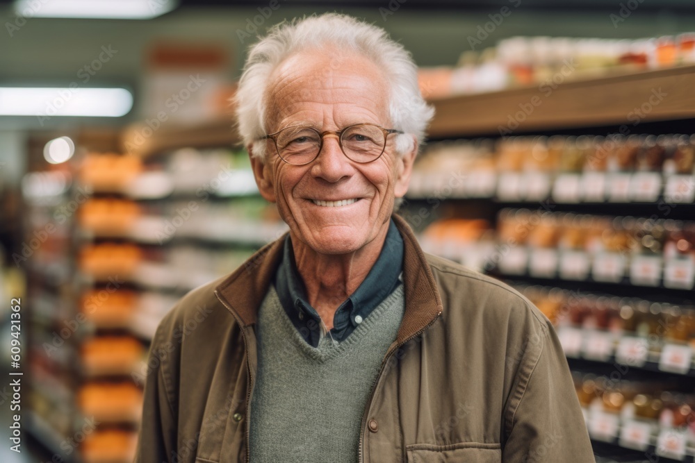 Portrait of senior man smiling at camera while standing in grocery store Portrait of senior man smiling at camera while standing in grocery store