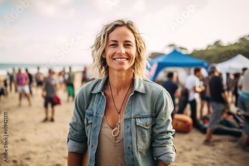 Portrait of smiling woman standing on beach with friends in background.