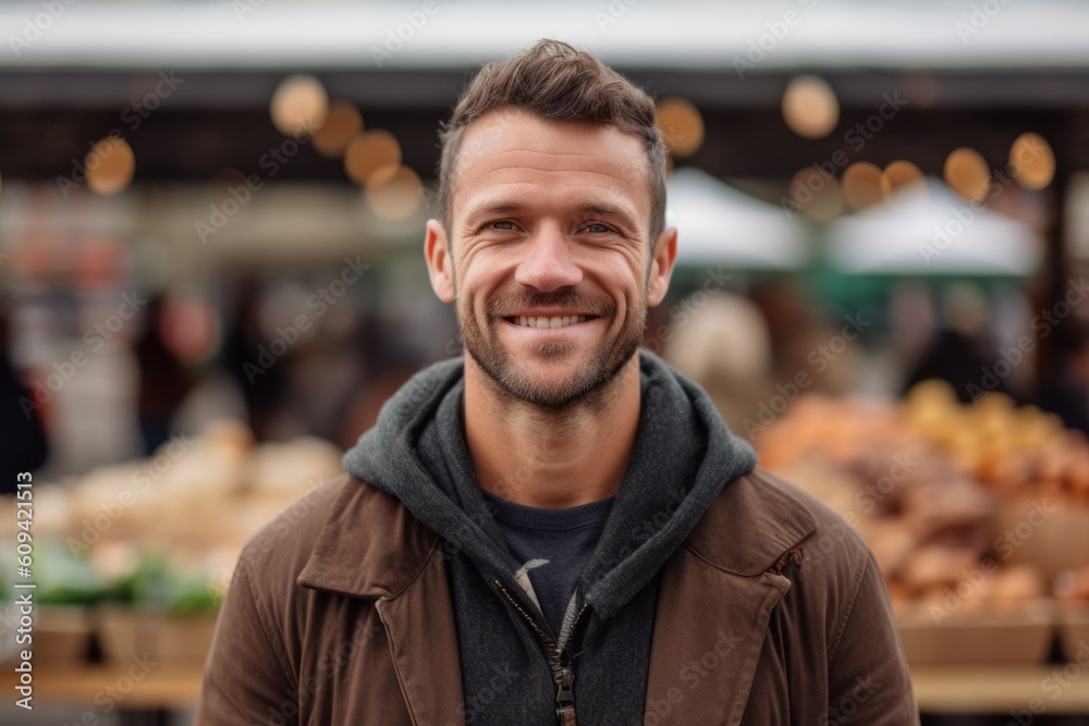 Portrait of handsome young man looking at camera and smiling while standing at market Portrait of handsome young man looking at camera and smiling while standing at market