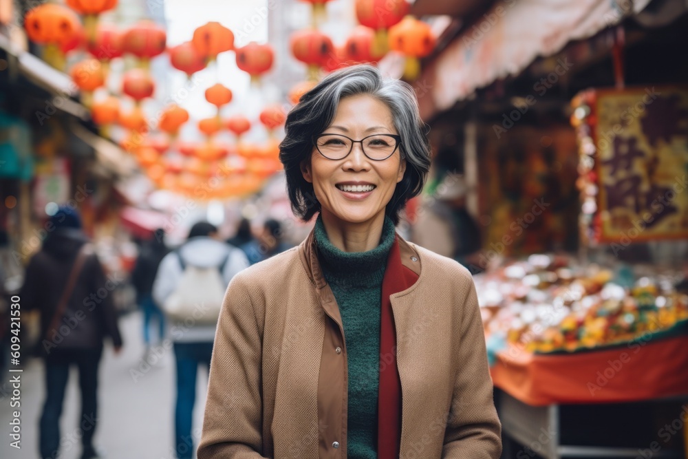 Portrait of happy senior asian woman wearing eyeglasses and coat walking on the street during chinese new year