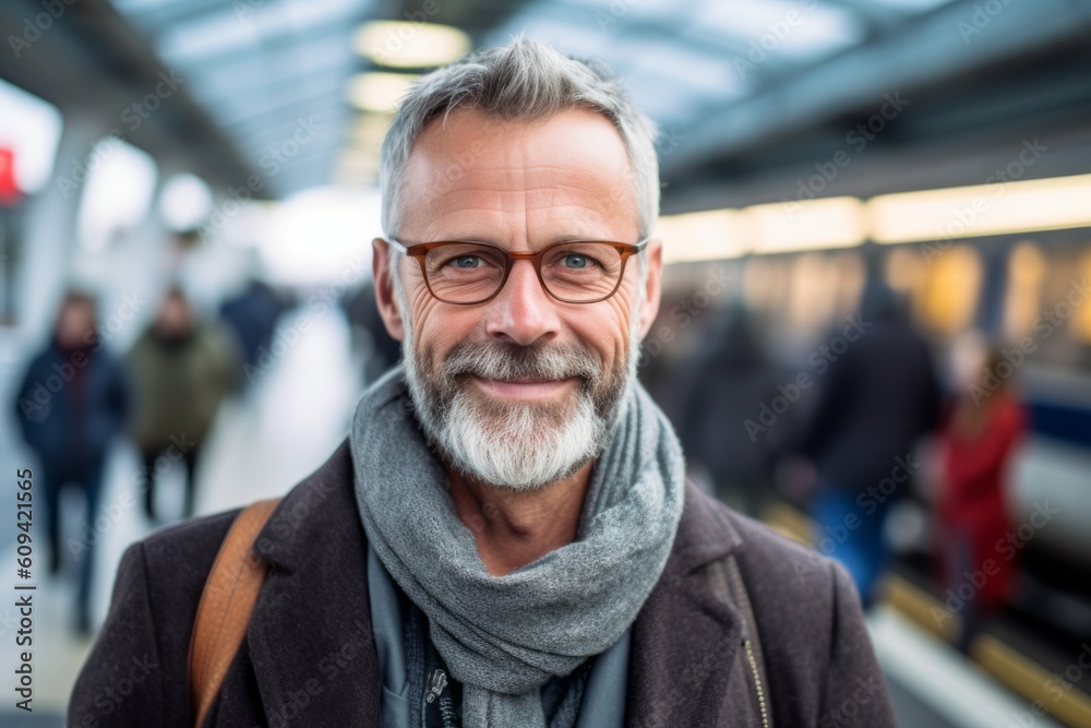 Portrait of senior man with gray beard standing at subway station. Portrait of senior man with gray beard standing at subway station.