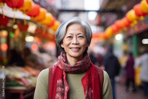 Portrait of happy asian senior woman standing in front of the shop