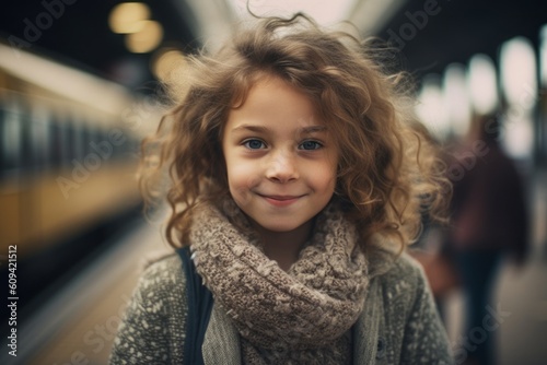 Wallpaper Mural Portrait of a cute little girl with curly hair in a gray sweater and scarf on the platform of a railway station Torontodigital.ca