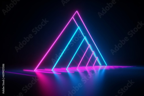 3d render, abstract minimal background, glowing lines, triangle shape, pink blue neon lights, ultraviolet spectrum, laser show, Generative AI