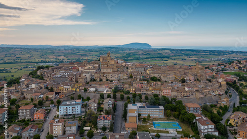 Italy, June 02, 2023: aerial view of the beautiful medieval village of Potenza Picena. The village is located on the Marche hills in the province of Macerata © cristian