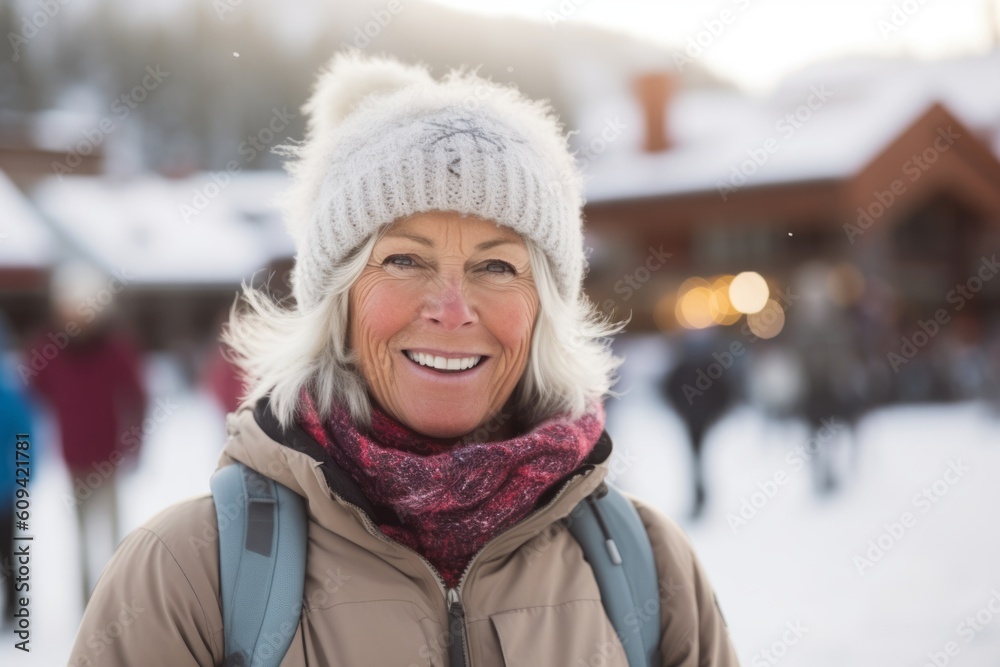 Portrait of smiling mature woman in winter clothes on background of snow-covered street Portrait of smiling mature woman in winter clothes on background of snow-covered street