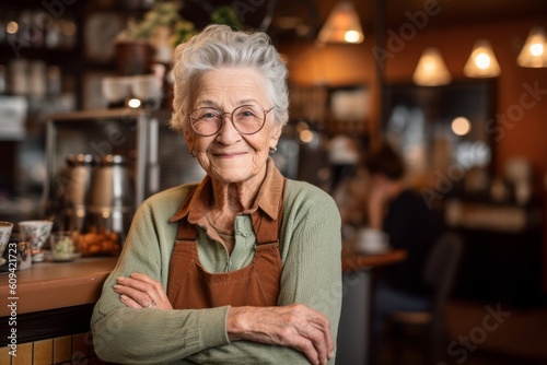 Portrait of smiling senior woman standing with arms crossed in coffee shop