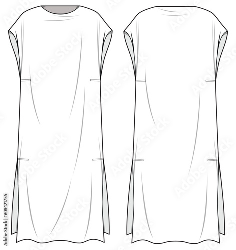 Long Caftan with Side Slit Front and Back View. Fashion Illustration, Vector, CAD, Technical Drawing, Flat Drawing, Template, Mockup.