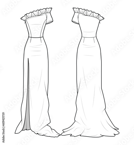 Frill One Shoulder Short Sleeve Maxi Dress with Front Thigh Split Dress Front and Back View. Fashion Illustration, Vector, CAD, Technical Drawing, Flat Drawing, Template, Mockup.