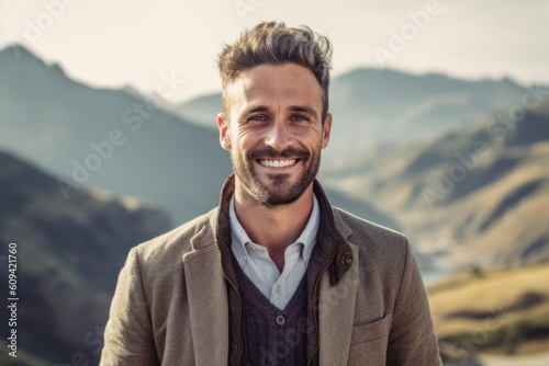 Portrait of handsome young man smiling at camera while standing in mountains