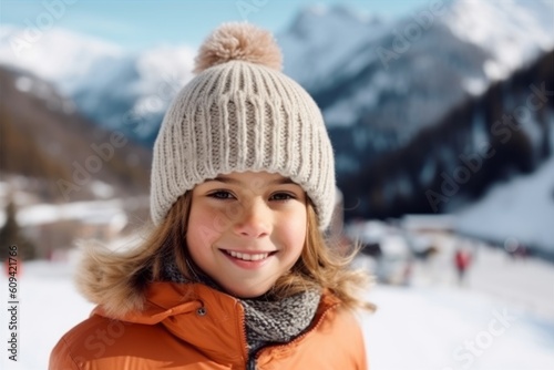 Portrait of cute little girl in winter clothes smiling at camera on background of mountains