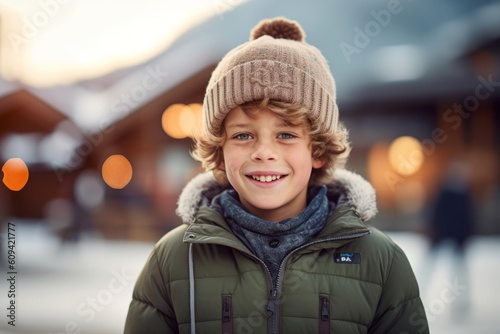 Outdoor portrait of a cute boy wearing warm hat and coat.