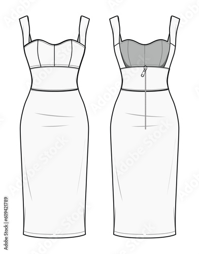 Corset Sleeveless Bodycon Dress Front and Back View. Fashion Illustration, Vector, CAD, Technical Drawing, Flat Drawing, Template, Mockup.