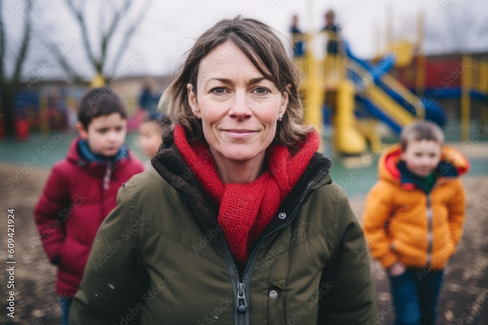 Medium shot portrait photography of a pleased woman in her 40s that is wearing a warm parka against an active playground with children playing background . Generative AI Medium shot portrait photography of a pleased woman in her 40s that is wearing a warm parka against an active playground with children playing background . Generative AI