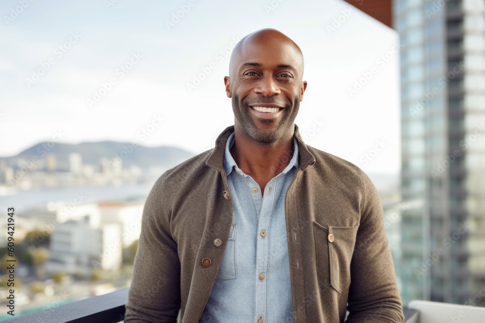 Portrait of handsome african american man smiling at camera in city Portrait of handsome african american man smiling at camera in city