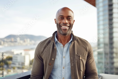 Portrait of handsome african american man smiling at camera in city © Robert MEYNER