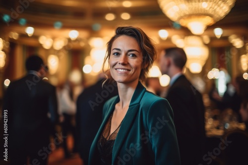 Beautiful girl in a green suit on the background of the casino