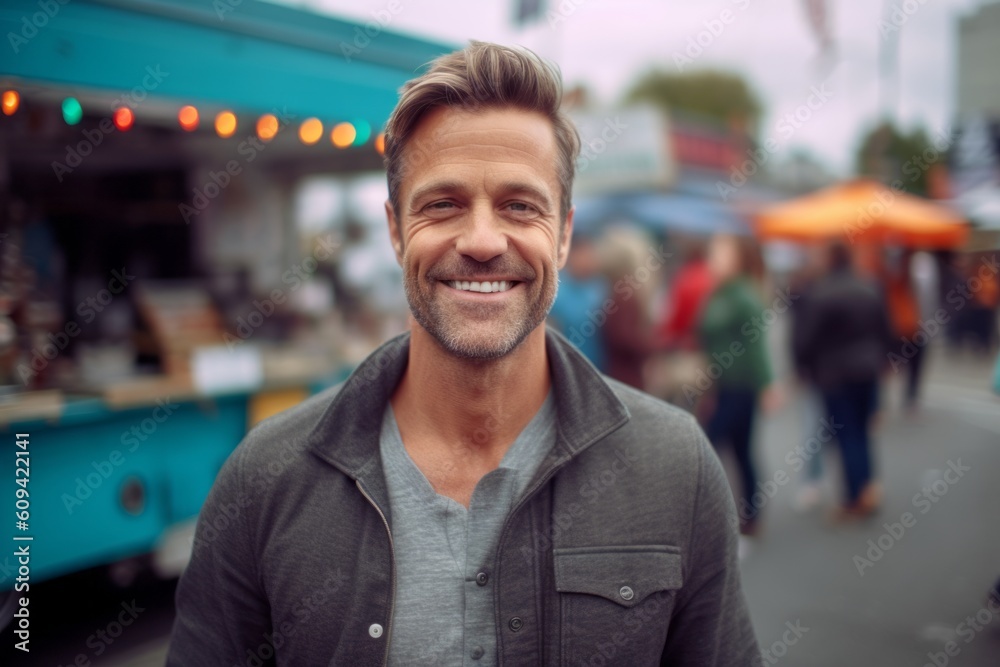 Portrait of handsome young man smiling at camera while standing at street food stall Portrait of handsome young man smiling at camera while standing at street food stall