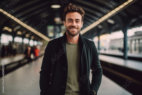 Portrait of a handsome young man with a beard standing in the subway station.