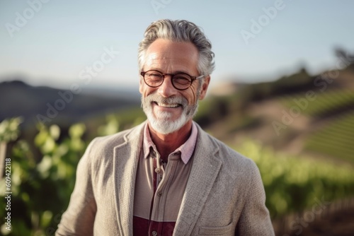 Portrait of senior man with glasses against vineyard in vineyard