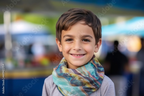 Portrait of a smiling boy with a colorful scarf on his head