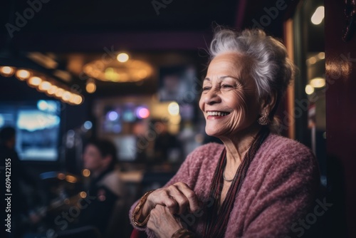 Portrait of smiling senior woman sitting in coffee shop at night. © Hanne Bauer