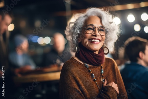 Portrait of a beautiful senior woman smiling while standing with arms crossed in a pub