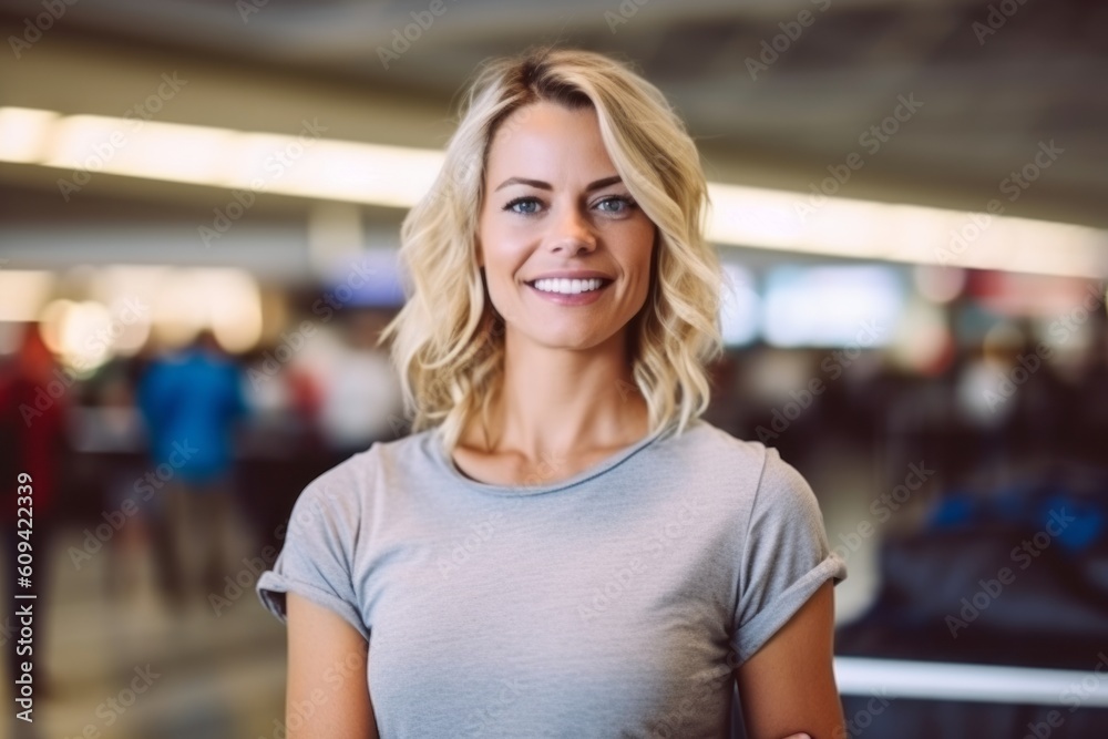 Portrait of smiling young woman standing in airport terminal and looking at camera Portrait of smiling young woman standing in airport terminal and looking at camera